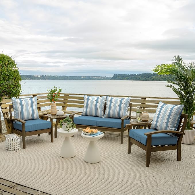 Arden Outdoor Deep Seat Cushion Set, Foam, 24x24, French Blue Stripe | Sofa, Couch, Conversation Set, Premium High-Density Foam, Never Flattens, Mold and Mildew Resistant