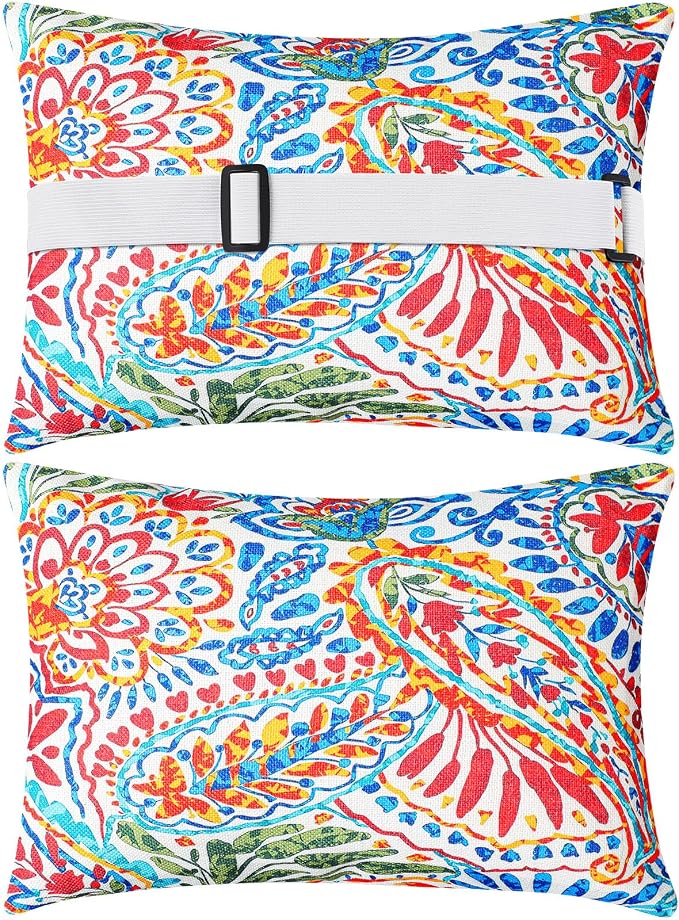 Juexica 2 Pack Chaise Lounge Pillow with Strap Outdoor Waterproof Beach Chair Neck Headrest Pillow Adjustable Elastic Band for Hammock Lumbar Recliner Pillows for Patio Pool Chair(Paisley)