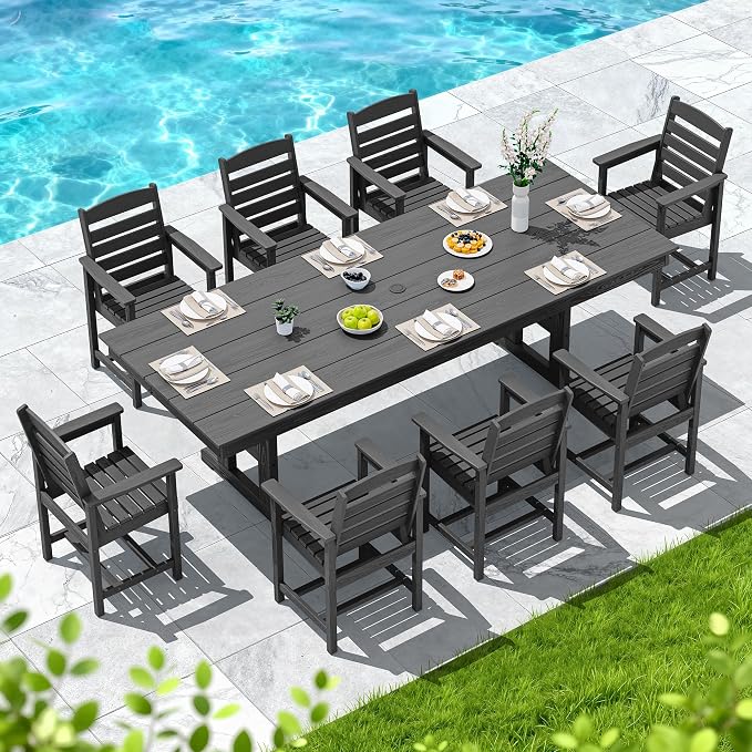 SERWALL Outdoor Dining Chairs Set of 2, All-Weather HDPE Patio Chair with 19.7" Widened Seat, for Backyard, Garden, Black