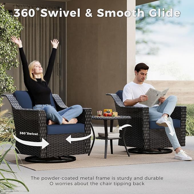9 Pieces Patio Conversation Furniture Set - 1 Sofa, 2 Ottomans, 4 Swivel Chairs, 2 Side Tables, Outdoor Wicker Furniture with Removable Cushions for Porch, Balcony, Sunroom (Blue)