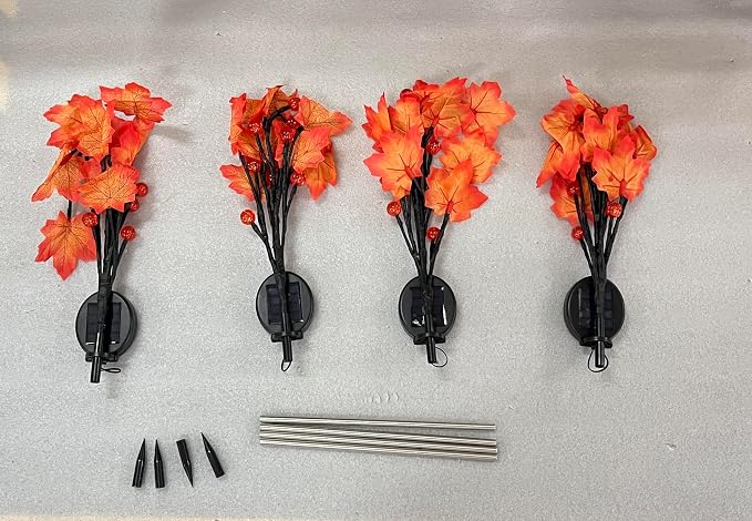 Rossesay 4 Pack Outdoor Fall Solar Lights Decorations Thanksgiving Waterproof Orange Maple Leaf Lights, Autumn Artificial Tree for Halloween Christmas Party Yard Garden Decor, 10 LED 8 Modes