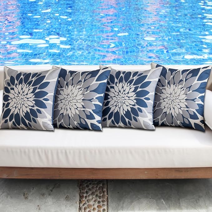 Pack of 4 Outdoor Waterproof Pillow Covers 16x16 Decorative Outdoor Throw Pillows Garden Square Cases for Patio Furniture, Couch, Tent Sunbrella, Bench, Blue Grey