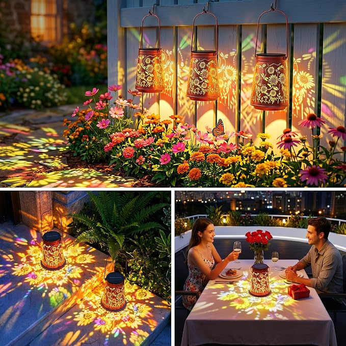 2 Pack Sunflower Solar Lanterns Outdoor Solar Lights | Sunflowers & Dragonfly, Waterproof Metal Hanging Lights for Patio, Pathway & Yard, Garden Decor Gifts for Women Mom & Grandma