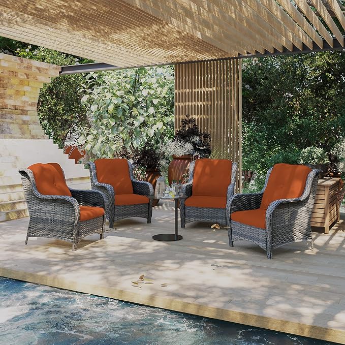 Outdoor Wicker Chair Rattan Patio Dining Chairs Set of 4 PE Wicker Patio Chairs with 3.5 inch Seat Cushions Patio Seating Chair for Garden, Backyard Swimming Pool, Balcony, Beige