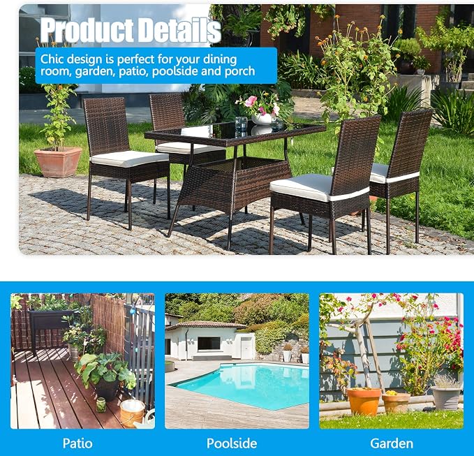 HAPPYGRILL 5-Pieces Patio Dining Set Outdoor Rattan Wicker Table and Chair Set with Glass Tabletop, Modern Dining Furniture Set with Cushioned Chairs for Backyard Porch Dining Room Kitchen