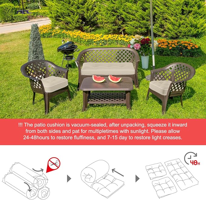 Wenqik 44 x 19 x 4 Inch Outdoor Bench Cushion Set of 3 Waterproof Tufted 1 Patio Loveseat Cushions and 2 Square Chair Seat Pad for Outdoor Furniture Couch Swing Sofa Wicker Settee(Beige)