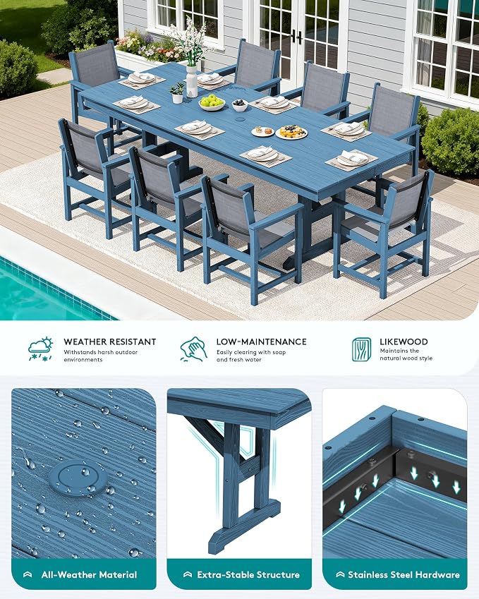 SERWALL 9 Piece Outdoor Dining Set, 84" HDPE Outdoor Large Table and Textilene Sling Chairs for 8，All Weather Patio Dining Furniture Set with Umbrella Hole for Backyard, Garden, Blue