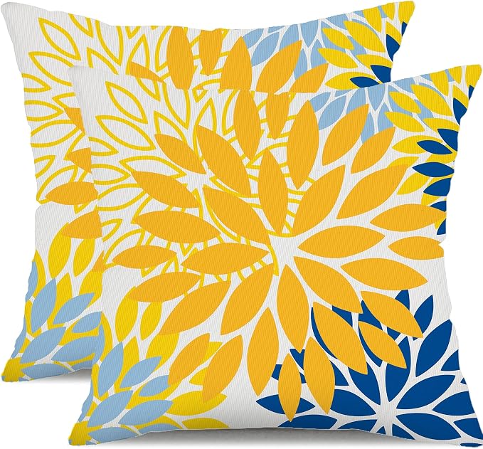 DFXSZ Outdoor Waterproof Pillow Covers 22x22 Set of 2 Yellow Blue Flower | Spring Summer Waterproof Flower Throw Pillowcases（No Inserts）Outdoor Decor for Patio Funiture Garden Polyester Covers