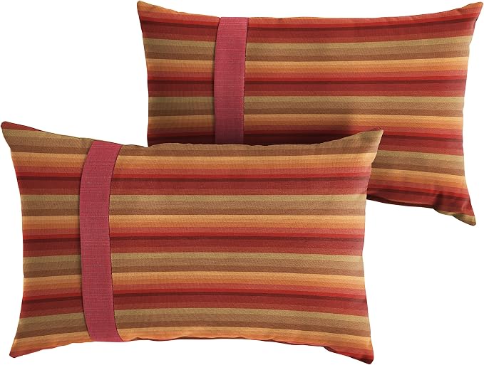Sorra Home Indoor Outdoor Sunbrella Lumbar Pillows, Set of 2, 12 in x 18 in, Red/Brown Stripes & Crimson Red 2 Count