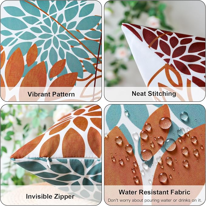 OTOSTAR Outdoor Orange Cyan Pillow Covers 16x16 Inch Set of 2 Red Flower Throw Pillows Farmhouse Geometric Dahlia Floral Square Cushion Case Waterproof Decor for Sofa Patio Funiture Garden