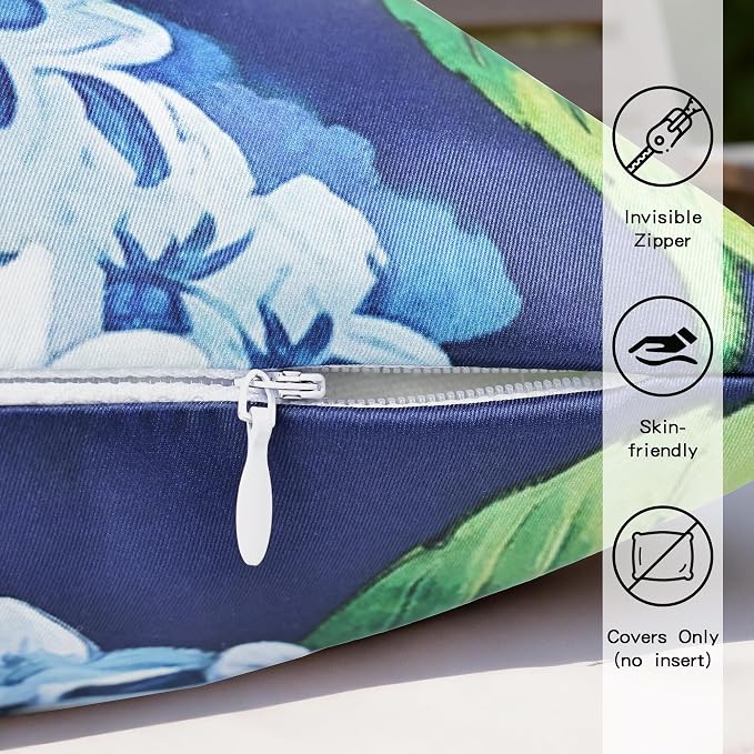 Blue Green Floral Outdoor Pillow Covers 18x18 Inch Set of 2 | Navy Blue Hydrangea Outdoor Pillow Covers, Spring Summer Farmhouse Waterproof Cushion Case for Couch Sofa Garden Patio