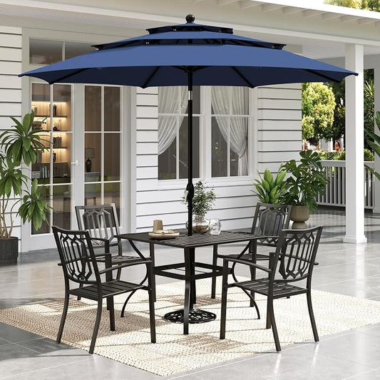 Sophia & William Patio Dining Set for 4 with 10ft 3 Tier Auto-tilt Umbrella, Outdoor Table Furniture Set with 4 x Metal Outdoor Chairs, 1 x Metal Square Dining Table and 1 Navy Blue Patio Umbrella