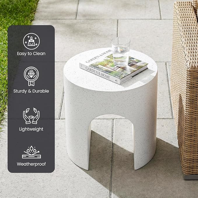 HOMPUS Outdoor Side Table w Hollow Arch, Concrete End Table, Round Patio MgO Coffee Lightweight Table, Modern Accent Vintage Garden Planter Stand for Indoor Outdoor Use, Spotted White