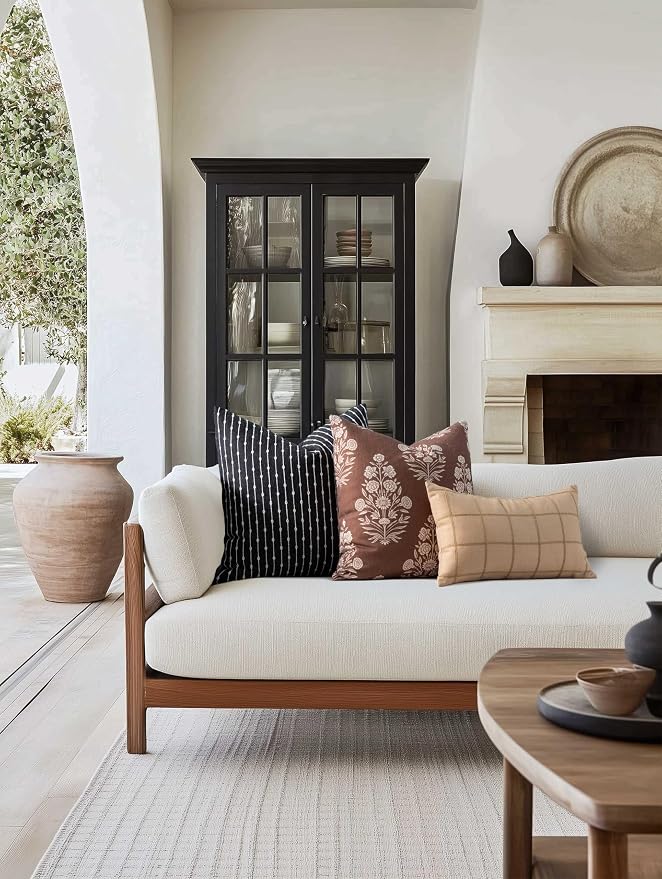 Modern Farmhouse Fall Linen Indoor Outdoor Throw Pillow Cover Only, 22"x22" Water Repellent for Patio, Backyard, Couch, Black Neutral Embroidered Stripes