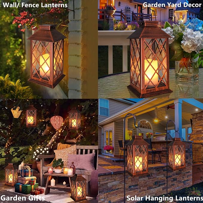 14" Solar Lanterns Outdoor Garden Lantern Waterproof LED Flickering Flameless Candle Mission Lights for Table,Outdoor,Party