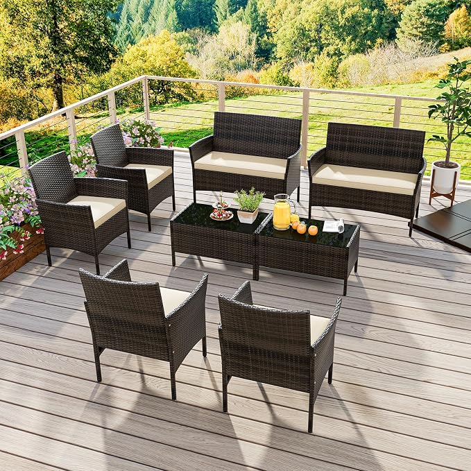 HAPPYGRILL 8 Pieces Outdoor Rattan Conversation Set, Patio Wicker Furniture Set with Loveseat Chairs & Tempered Glass Coffee Table, Outside Sectional Sofa Set for Backyard, Garden & Poolside