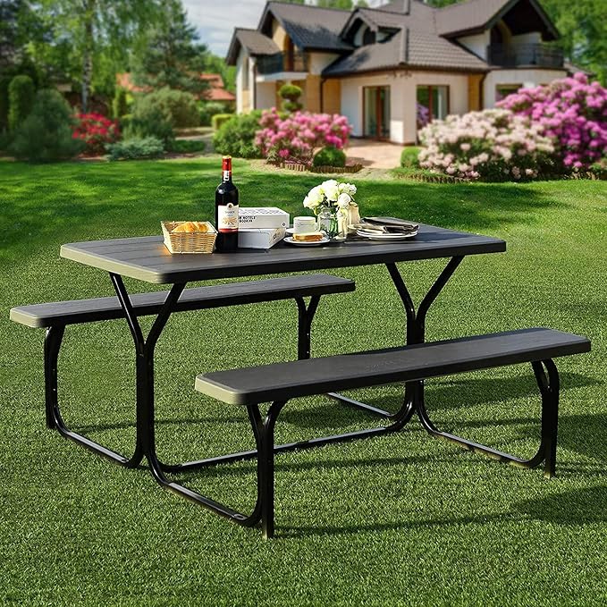 Hysache Picnic Table Bench Set, Patio All Weather Metal Base Camping Set w/Wood Texture Tabletop, Steel Frame, Large Tables for Backyard Poolside Garden Lawn (Black) (OP3499)