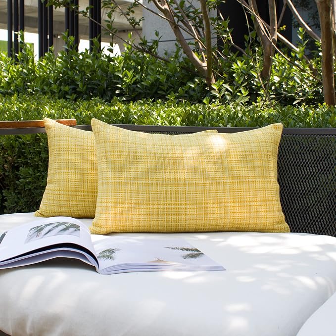 Kevin Textile Outdoor Waterproof 12"x24" Lumbar Pillow Covers 2 Pack Yellow | Water Resistant, Faux Linen Yarn-dyed, Woven Texture Throw Pillow Covers for Tent Patio Garden Couch Sofa