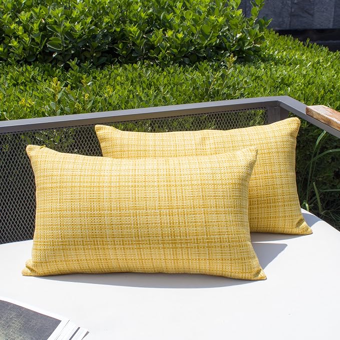 Kevin Textile Outdoor Waterproof 12"x20" Lumbar Pillow Covers 2 Pack Yellow | Water Resistant, Faux Linen Yarn-dyed, Woven Texture Throw Pillow Covers for Tent Patio Garden Couch Sofa