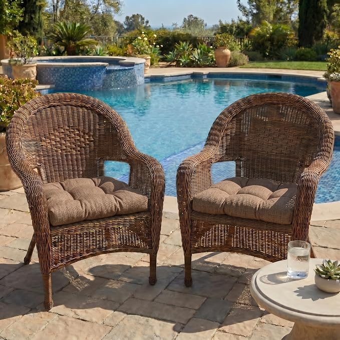 RSH DECOR: Sunbrella Tufted Wicker U-Shape Cushions Set of 2 | 19” x 19” | Outdoor Seat Cushions for Patio Furniture| Crafted with Sunbrella Performance Fabric | Made in USA (Rochelle Truffle)