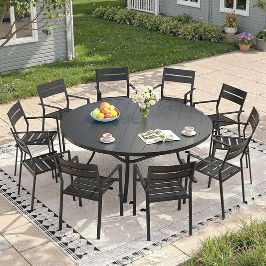 Patio Dining Set for 10, Round 63" Outdoor Dining Table and Chairs Set with Stackable Patio Chairs Outdoor Furniture for Garden Deck Backyard, Black Table and Black Chairs