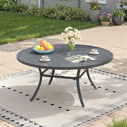 Outdoor Dining Table for 8, 53" Round Outdoor Table with Adjustable Umbrella Hole, All-Weather Metal Patio Dining Table for Lawn Garden Backyard Deck, Dark Grey