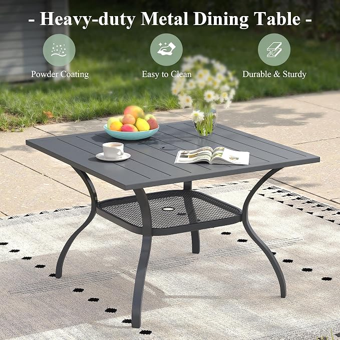 Patio Dining Set for 4, 37.8" Outdoor Dining Table and Chairs Set with Stackable Patio Chairs Outdoor Furniture for Garden Deck Backyard, Dark Grey Table and Grey Chairs