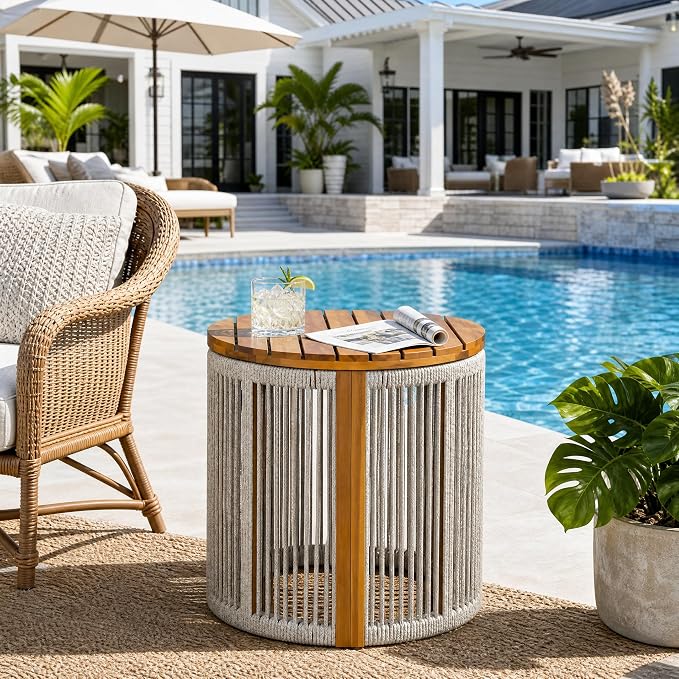 Christopher Knight Home Kimmy Outdoor Side Table with Rope Accent, Acacia Wood Coffee Table, Patio Round Side Table, Weather Resistant Accent Table for Outdoor Patio Furniture Set, Light Grey + Teak