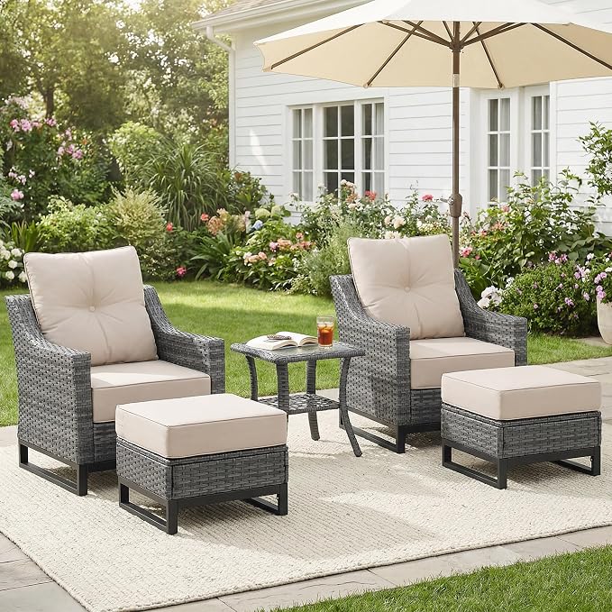 13 Piece Patio Furniture Set with 6" Thick Cushions, Weather-Resistant Wicker Swivel Rocker High Back Chairs and Fire Pit Table for Porch Yard Deck