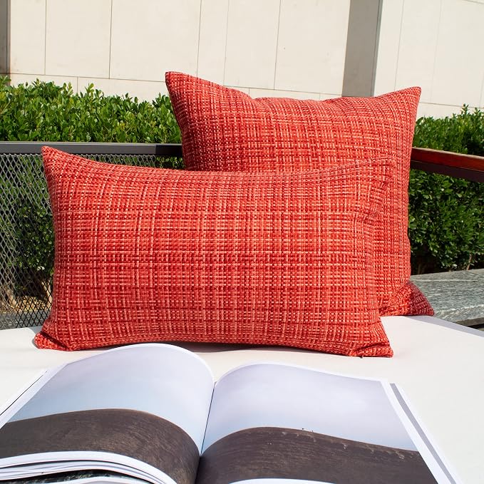 Kevin Textile Outdoor Waterproof 16x16 Inch Pillow Covers 2 Pack, Red | Water Resistant, Faux Linen Yarn-dyed, Woven Texture Throw Pillow Covers for Tent Patio Garden Couch Sofa