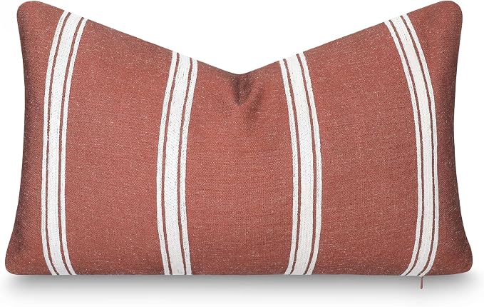 Modern Farmhouse California Casual Indoor Outdoor Lumbar Pillow Cover, 12"x20" Water Repellent for Patio, Backyard, Couch, Poolside, Rust Orange White Embroidered Stripes
