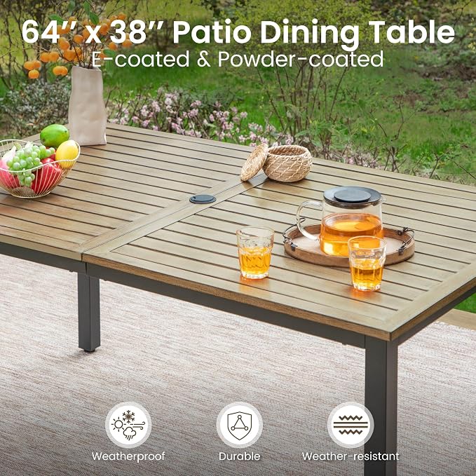 PHI VILLA 7 Piece Patio Dining Set, 64” Wood-Like Table, Rattan Chairs | Outdoor Dining Set for 6, Rectangular Table with Umbrella Hole, Wicker Chairs with Cushions for Patio, Deck, Porch