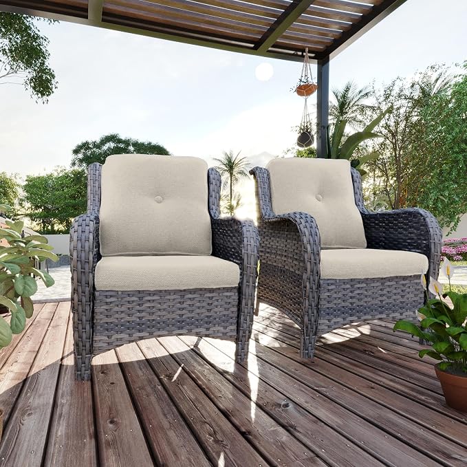 Outdoor Wicker Chair Rattan Patio Dining Chairs Set of 2 PE Wicker Patio Chairs with 3.5 inch Seat Cushions Outdoor Patio Seating Chair for Garden, Backyard Swimming Pool, Balcony, Beige