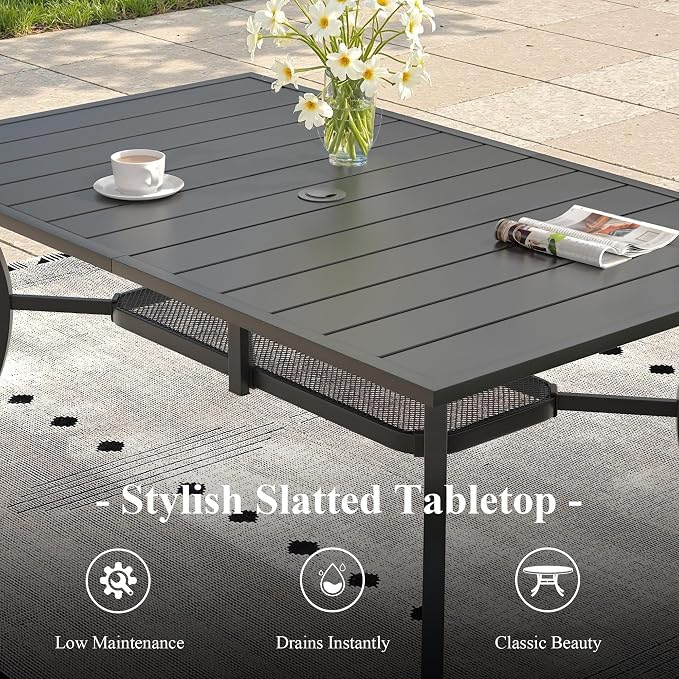 Outdoor Dining Table for 6, 59.2" Rectangle Outdoor Table with Adjustable Umbrella Hole and Storage Shelf, All-Weather Metal Patio Dining Table for Lawn Garden Backyard Deck, Black