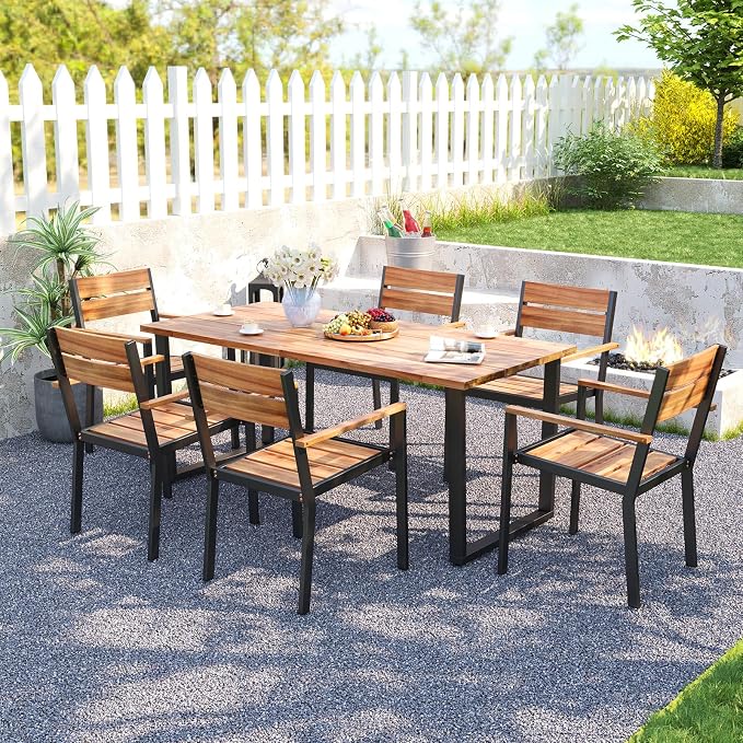HAPPYGRILL 7 Pieces Acacia Wood Patio Dining Set with Metal Frame, Space-Saving Outdoor Furniture Set with 6 Stackable Armchairs and 63” Rectangular Table with 2” Umbrella Hole for Garden, Deck, Yard