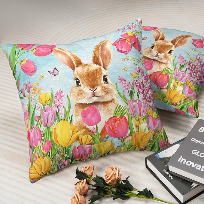 Easter Bunny Pillow Covers 24x24 Set of 2 Lovely Rabbit with Tulip Throw Pillow Covers Spring Pillow Case Floral Cotton Blend Cushion Case for Easter Decor Sofa Patio Garden