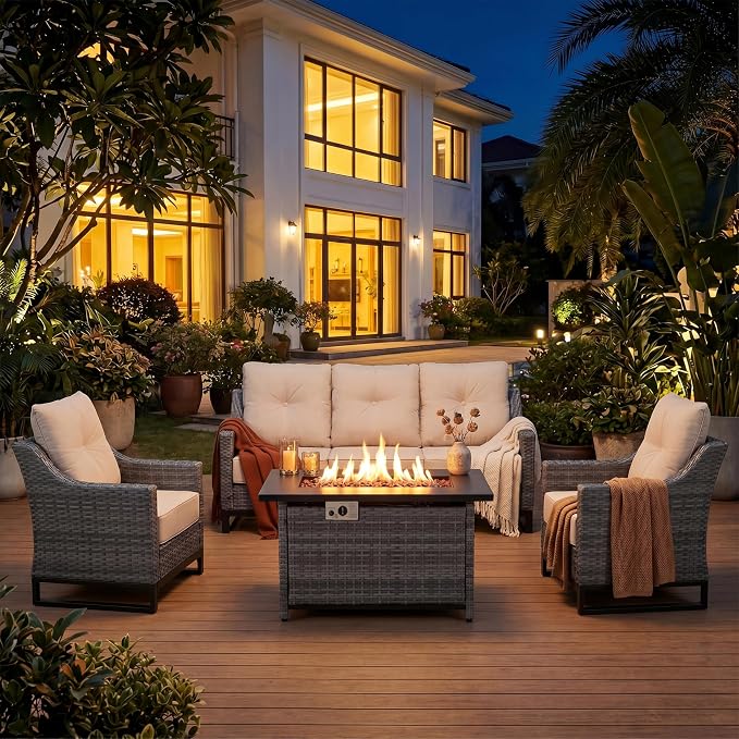 5-Piece Patio Furniture Set, Rattan Wicker Patio Set with Two Outdoor Chairs and Table, Wicker Rattan Outdoor Sofa Set with with Comfy Cushions for for Porch, Garden Poolside Balcon