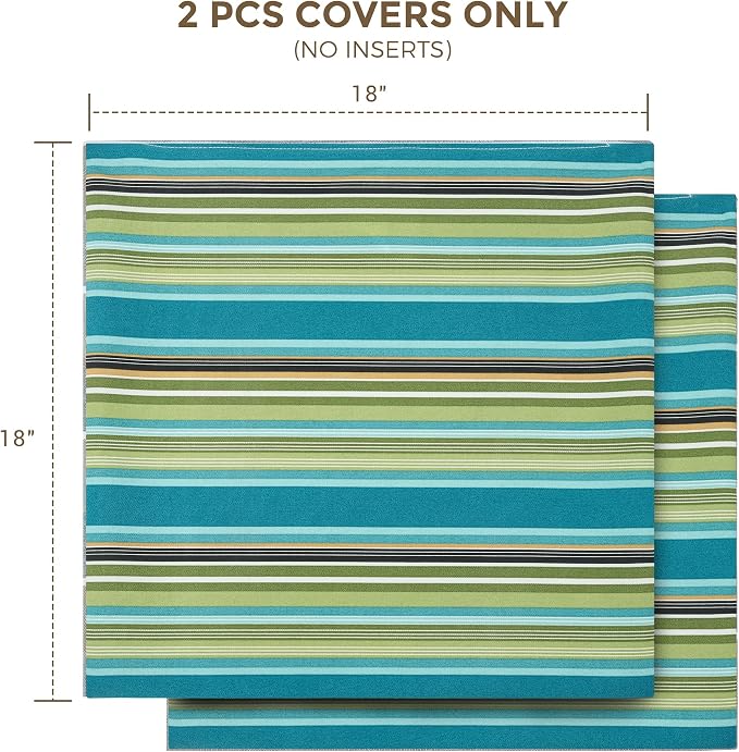 Throw Pillow Covers Set of 2, Outdoor Indoor Waterproof Patio Throw Pillowcase Shell 18x18 Inch, Square Cushion Case for Couch Sofa Garden Farmhouse-Green Stripe