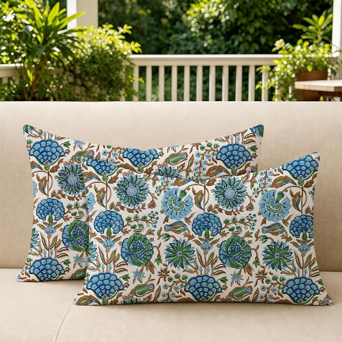 Allorry Outdoor Waterproof Pillow Covers 12x20 Blue Floral Outdoor Decor | Set of 2 Vintage Floral Block Print Pillow Cover,Farmhouse Boho Decorative for Spring Summer Outdoor Sofa Bedroom Decor