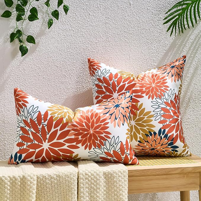 Decorative Throw Pillow Covers 20x20 Inches Set of 2 Outdoor Waterproof Pillow Covers Orange and Yellow Dahlia Square Pillowcases Spring Summer Cushion Covers for Inside and Outdoor