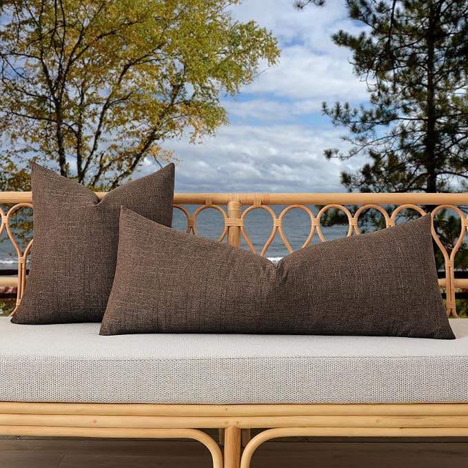 Kevin Textile Outdoor Waterproof 14”x36” Lumbar Pillow Cover 1 Pack, Brown | Water Resistant, Soft Faux Linen-cotton Yarn-dyed Woven Texture Throw Pillow Covers for Tent Patio Garden Couch Sofa
