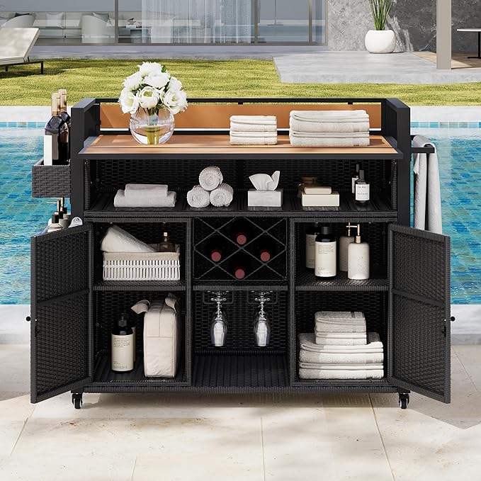 52.8" W Wicker Outdoor Bar Cart Table with Extended Plastic Wood Table Top, Outdoor Grill Cart with Large Storage Cabinet, for Patio Backyard Garden Poolside, Double Handle Design, Black