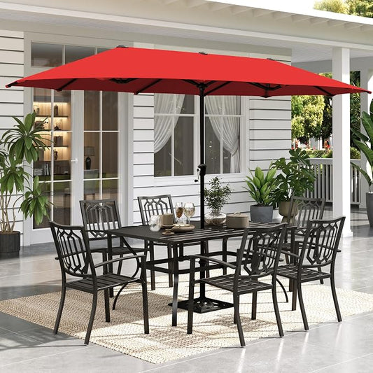 Sophia and William 8 Piece Patio Dining Set for 6 with 13ft Double-Sided Patio Umbrella, Metal Outdoor Table Furniture Set with 6 Outdoor Chairs, 1 Rectangle Dining Table and 1 Orange Red Umbrella