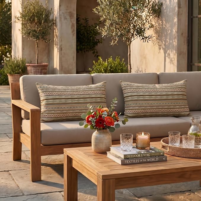 RSH DECOR: Sunbrella Lumbar Throw Pillows Set of 2 | 20" x 12" | Water and Fade-Resistant Performance Fabric | Outdoor Pillow Covers with Down-Alternative Inserts | Made in USA (Chimayo Dew)
