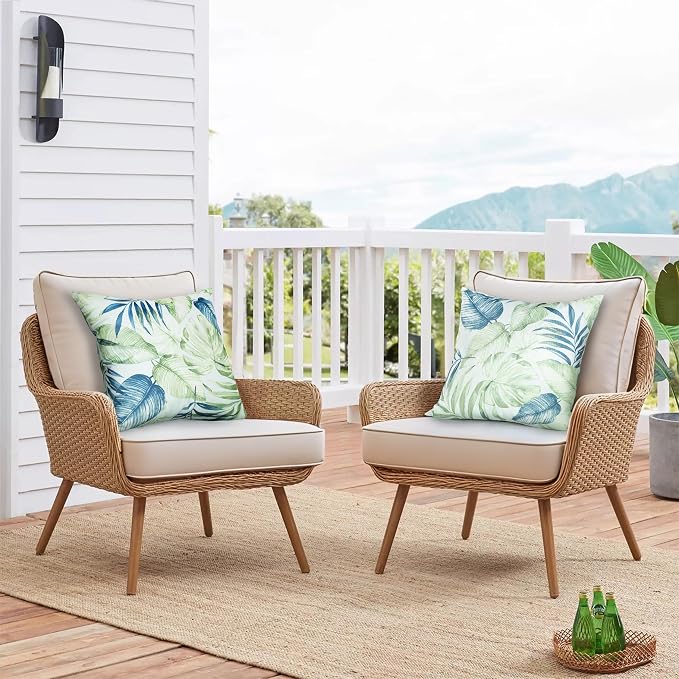 Outdoor Pillow Covers 18x18 Inch, Waterproof Throw Pillow Covers Pack of 2, Water-Resistant Decorative Pillow Case for Patio Furniture Tent Garden, Tropical Leaf, Green, Cover ONLY