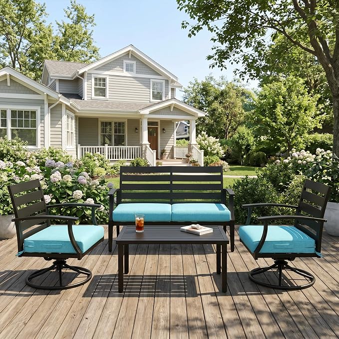 Aoodor Patio Chair Cushions Set of 2, 19 x 19 x 4 Inch Water Resistant Outdoor Seat Cushions with Handle and Ties, Square Corner Cushions for Patio Furniture Garden Lawn, Teal