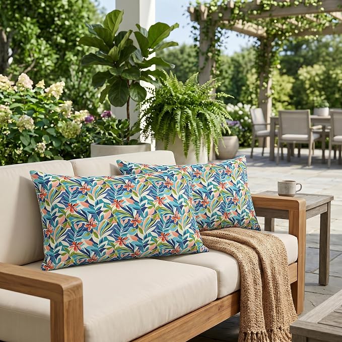 RSH DECOR: Lumbar Jumbo Throw Pillows Set of 2 | 26” x 16" | All-Weather Spun Fabric | Outdoor Support Pillows for Patio Furniture | Made in USA (SOMAP Multi)