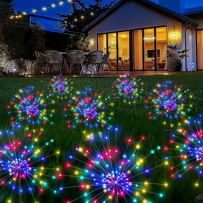 PEVOROS Solar Firework Fairy Garden Lights Outdoor, Colorful, 8 Pack | 120 LEDs, Waterproof, Fairy Garden Decor, Auto On/Off, Solar Powered, for Yard, Patio, Porch, Flower Pot, Pathway
