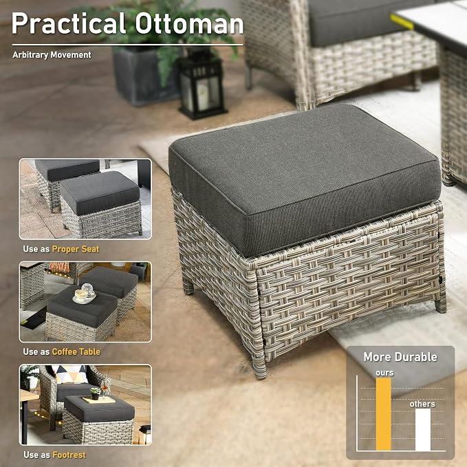 HOOOWOOO 6 Piece Patio Furniture Conversation Sets with Sola Light Table,Outdoor Wicker Furniture with Ottoman, All Weather Resistant Outside High Back Rattan Patio Set(Black)