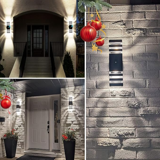 Dusk to Dawn Outdoor Wall Lights, Modern Exterior Light Fixture, 3-Layer Up and Down Matte Black Outdoor Lights IP65 3000K Warm White Waterproof Modern Wall Sconce for Garage Porch, 2 Pack
